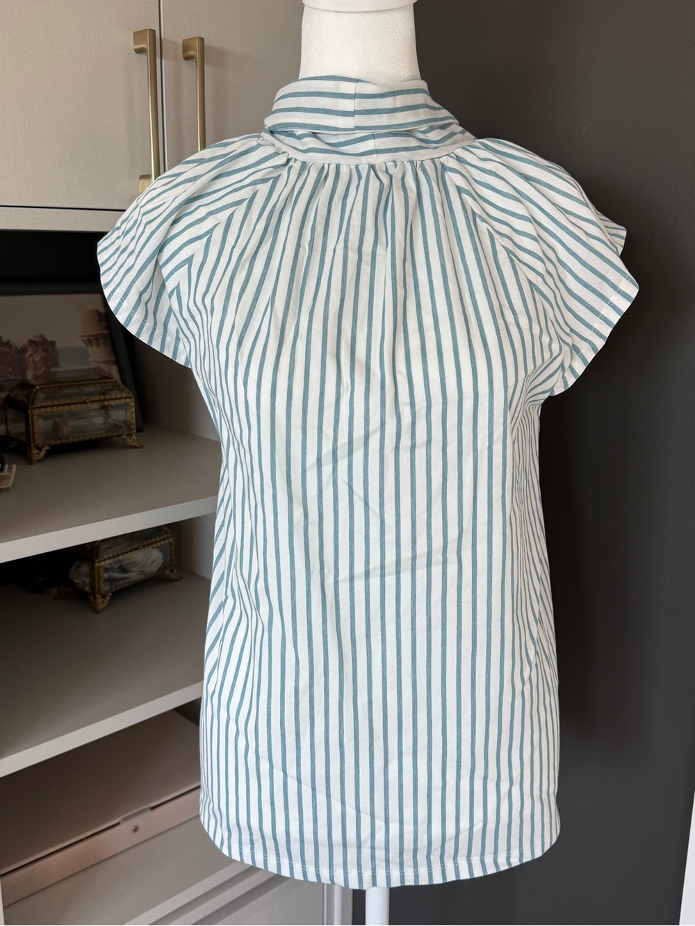 Ann Taylor White and Pale Blue Striped Knit Tee